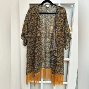 LuLaRoe | Monroe Gold Fringe & Navy Boho Floral Kimono Coverup Size L Large NWT